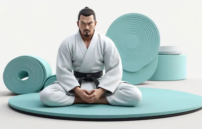 Black Belt Karate Men Sit on a Position 3D Character Design Illustration